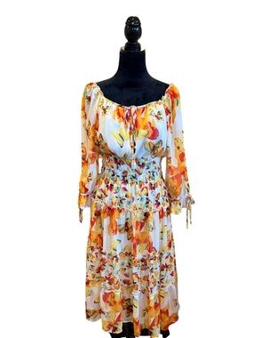 Figueroa & Flower Peasant Style Midi Dress Yellow White Orange Floral Medium